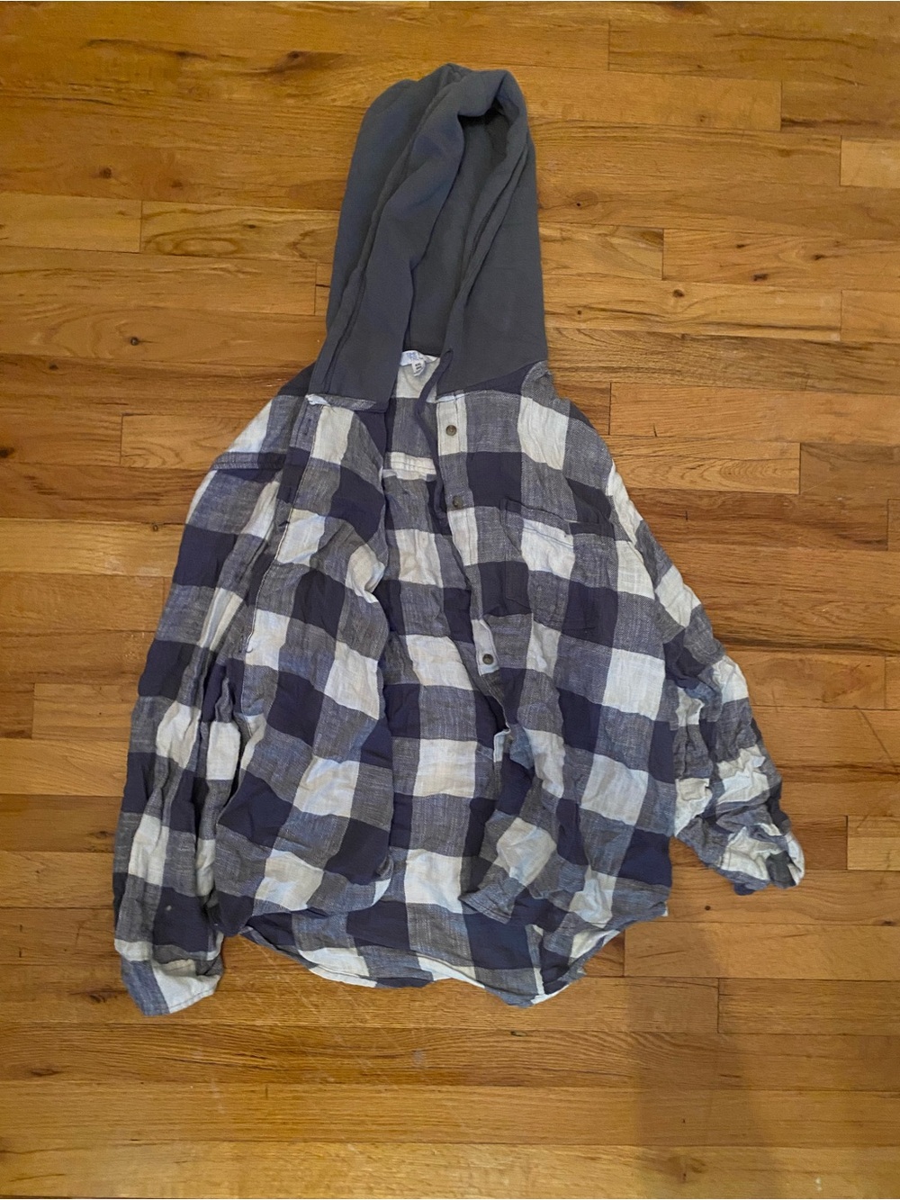 Time and Tru Navy and White Plaid Hooded Button-Up Shirt